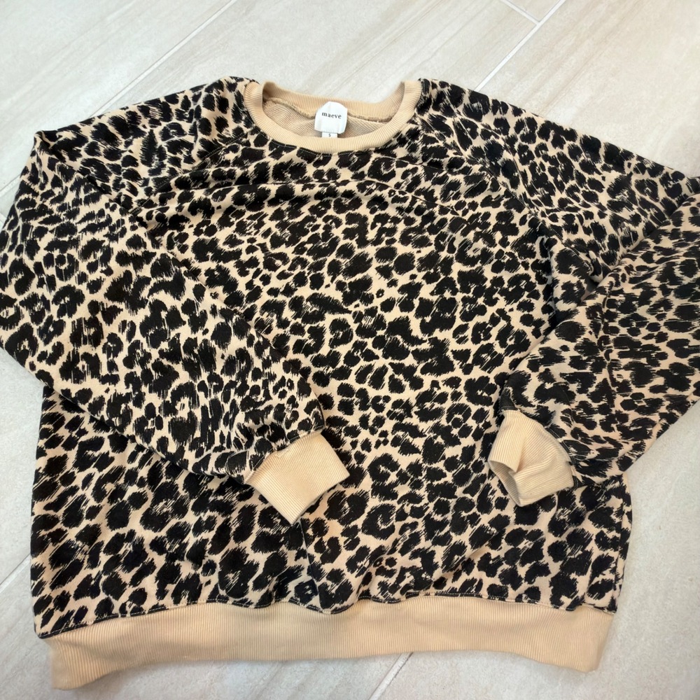Maeve Anthropologie Leopard Print Sweatshirt Tan‎ Black Raglan Pullover
